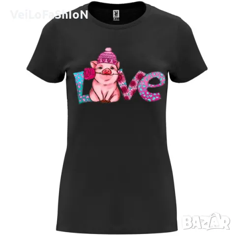 Нова дамска забавна тениска LOVE с прасенце в черен цвят , снимка 1