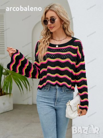 Дамски моден пуловер с дълги ръкави и кръгло деколте на райета, 2цвята - 023, снимка 8 - Блузи с дълъг ръкав и пуловери - 42305036