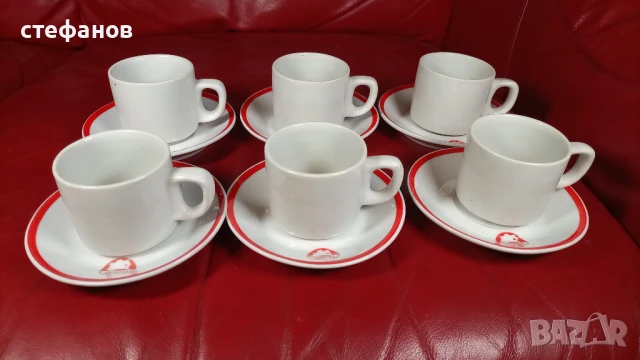 Порцеланов комплект за кафе, 6 чинийки и 6 чаши, балкан турист, балкантурист, червена щампа, снимка 5 - Антикварни и старинни предмети - 50869442