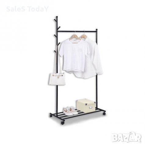 Щендер за дрехи, Подова закачалка, Метална се стойка за дрехи, с колелца, с рафт 84x44x170cm
