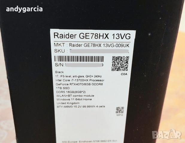NVIDIA RTX 4070 8GB/Intel Core i7-13700HX/16GB RAM/1TB SSD NVMe/17.3 QHD IPS 240hz/MSI Raider GE78, снимка 4 - Лаптопи за игри - 54237220