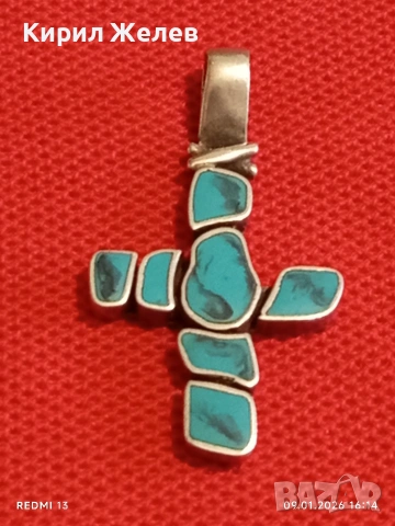 Сребърно кръстче висулка с инкрустиран Тюркоаз характерен за Индианските племена Зуни и Навахо 49804, снимка 7 - Колиета, медальони, синджири - 53045244