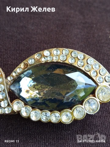 Ретро брошка тип папионка с сребристи кристали и зелени полу скъпоценни камъни 38846, снимка 5 - Антикварни и старинни предмети - 51145823