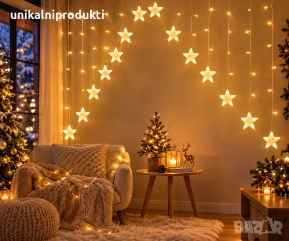 Коледни новогодишни лампички LED звездички 3.5м х 1м топла светлина 