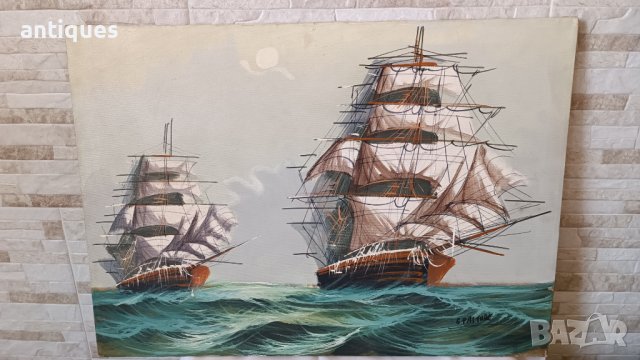 Картина "Кораби" - маслени бои на платно - 70/50см, снимка 6 - Антикварни и старинни предмети - 39423372