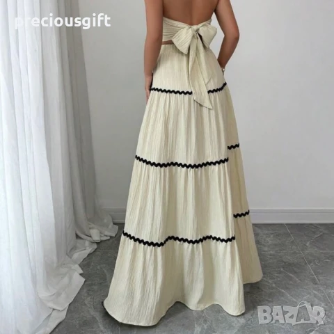 Дамски комплект - дълга пола и топ без презрамки, наличен в бежово, черено, червено, синьо, жълто, снимка 2 - Комплекти - 51367930