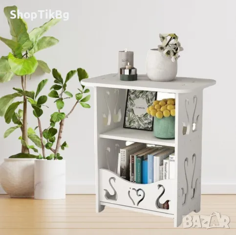 Компактна бяла PVC маса с декоративни изрязани орнаменти и три нива за съхранение, снимка 2 - Шкафове - 49031954