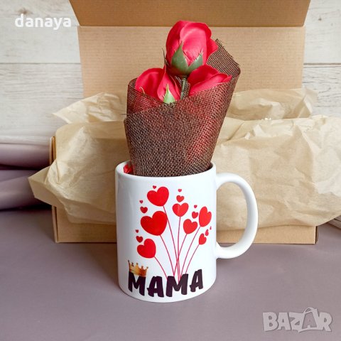1993 Подаръчен комплект за 8 Март чаша с надпис МАМА и букет червени рози, снимка 3 - Чаши - 31875251