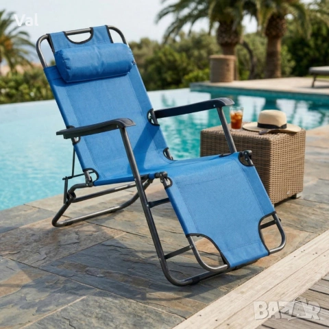 Сгъваем син шезлонг с възглавница - комфорт и релакс, снимка 6 - Градински мебели, декорация  - 53916263