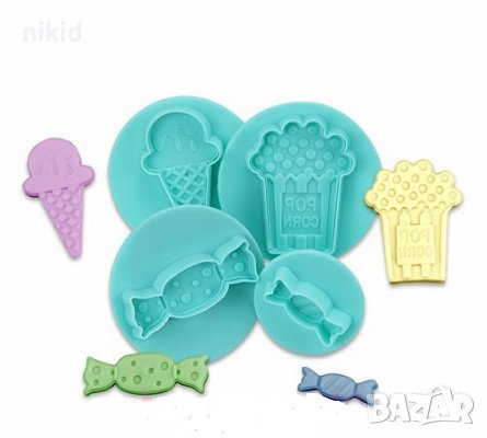 4 бр лакомства пуканки сладолед бонбон форми резци с бутало украса декор торта фондан форма резец