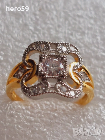  Дамски сребърен пръстен с лабораторен  диамант и 18 каратова позлата, снимка 3 - Пръстени - 51550438