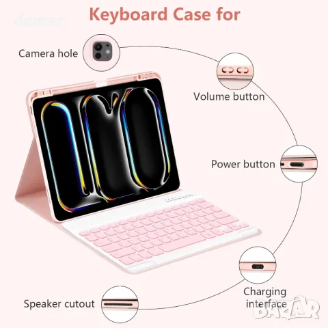 Калъф с клавиатура BQSS за iPad Pro 13 инча M4 2024 A3007 A2925 A2926, 7 цвята подсветка, снимка 4 - Таблети - 49288479