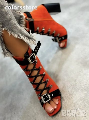 Летни боти на ток - оранжев велур с черна каишка - BK55