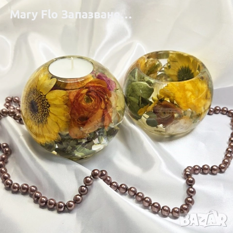 Комплект свещник и кутийка за бижута от епоксидна смола и вечни естествени цветя