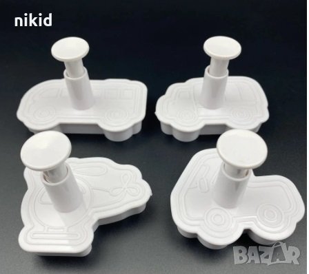 4 бр Автобус Самолет Камион пластмасови форми резци с бутало за сладки фондан бисквитки, снимка 2 - Форми - 31970107