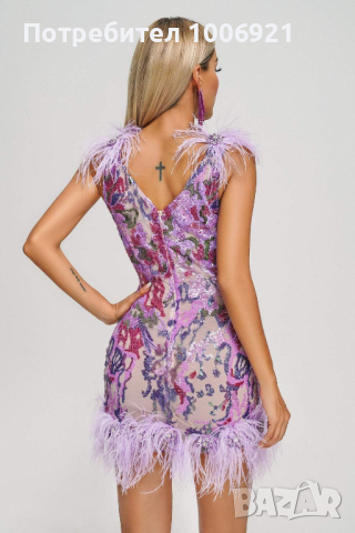 Къса флорални рокля с пайети и пера в лилаво, снимка 1 - Рокли - 44584926