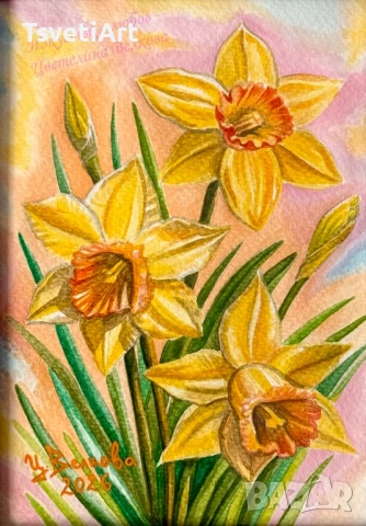 Оригинална картина – нарциси – акварел – идея за подарък, снимка 5 - Картини - 53889148