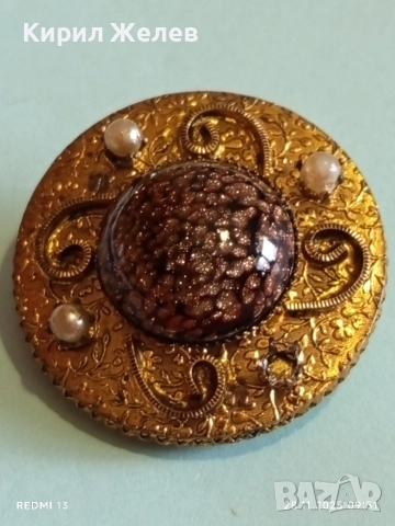 Винтидж брошка с централен СЛЪНЧЕВ камък АВАНТЮРИН и перлени акценти 26093, снимка 7 - Други - 52569958