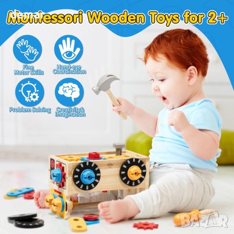 Lehoo Castle Дървени детски комплект инструменти - 29 бр дървени Монтесори играчки за малки деца, снимка 4 - Образователни игри - 44497339