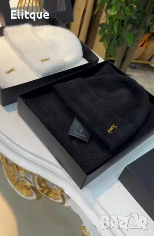 пухен зимен комплект шапка и шал ysl saint laurent , снимка 2 - Шапки - 53153642