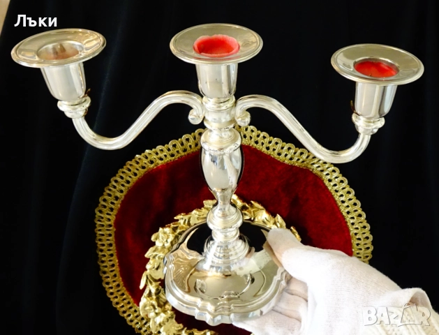 Посребрен троен свещник,викториански свещник тройка. , снимка 9 - Антикварни и старинни предмети - 52978491