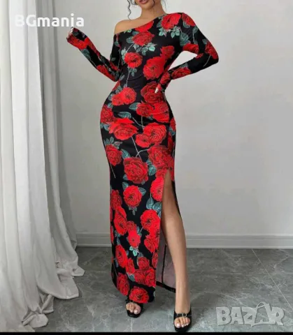 Рокля с цветя рози с дълъг ръкав едно рамо и цепка размер М и Л