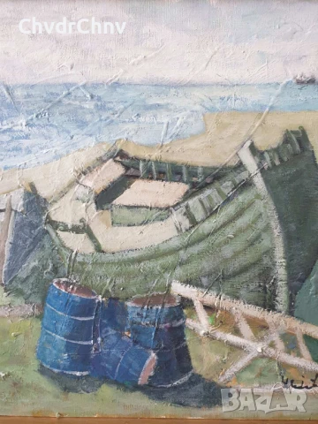 69х58см/стара картина масло върху платно/морски пейзаж/рибарски лодки/1972/дървена рамка, снимка 2 - Картини - 51218251