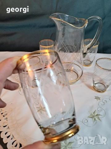 българска луксозна стъклена кана с пет чаши за вино 28/2, снимка 2 - Сервизи - 51838198