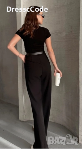 Дамски черен широк панталон , снимка 2 - Панталони - 52615688