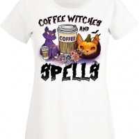 Дамска тениска Coffee Witches And Spells,Halloween,Хелоуин,Празник,Забавление,Изненада,Обичаи,, снимка 2 - Тениски - 38144683