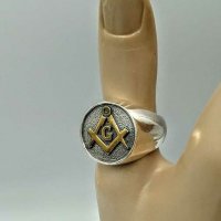 Масонски сребърен пръстен с 24 Карата позлата, масонски знаци, снимка 9 - Пръстени - 31590540