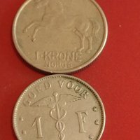 Две монети 1 франк 1923г. Белгия / 1 крона 1965г. Норвегия за КОЛЕКЦИОНЕРИ 26304, снимка 1 - Нумизматика и бонистика - 44350774