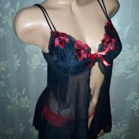 Секси нощничка от черен тюл с флорални бродерии в червено 80 С, снимка 3 - Бельо - 30822543