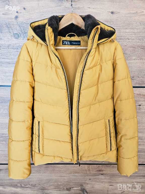 Ново дамско яке ZARA зимно горчица размер XS качулка подплата вата сако палто жълто златисто, снимка 1