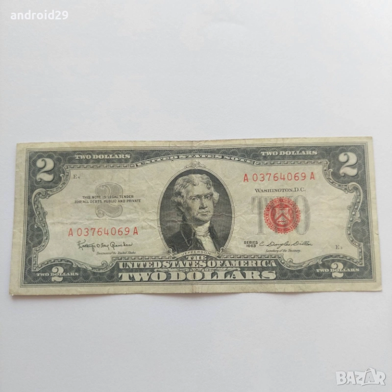 2 долара/DOLAR ,САЩ/USA/червен печат/RED seal -1963 година, снимка 1