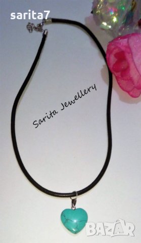 Дамско колие със сърце от тюркоаз и черна кожена верижка, снимка 2 - Колиета, медальони, синджири - 16486374