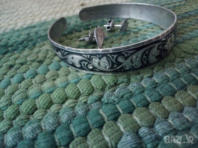 Антикварни руски сребърна гривна с Ниело и обеци, снимка 4 - Гривни - 34225120