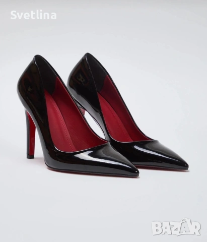 Черен висок ток с червена подметка, снимка 4 - Дамски обувки на ток - 53189125