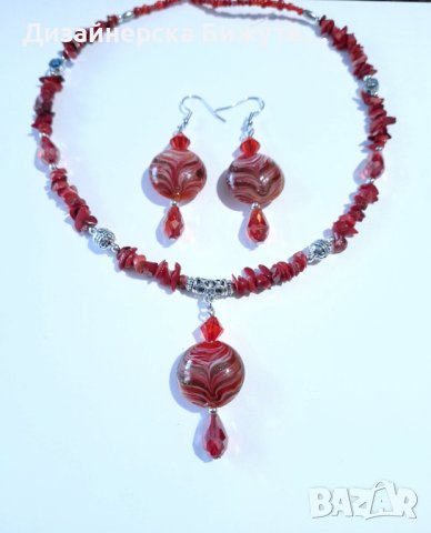 Прекрасен комплект бижута обеци и колие с червени Корали, кристали и ръчно изработени Мурано мъниста, снимка 9 - Бижутерийни комплекти - 42923968