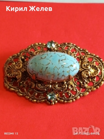 Винтидж брошка с филигран в златист цвят и овален камък ТЮРКОАЗЕН АКВАМАРИН 52242, снимка 4 - Други - 52569625