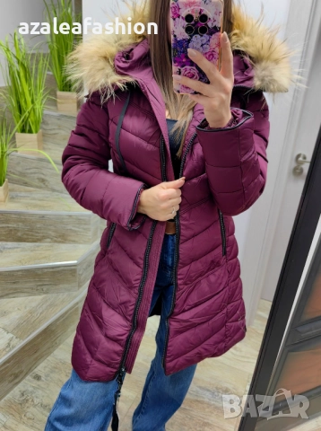 Дълго зимно яке с естествен косъм бордо, снимка 5 - Якета - 52686512