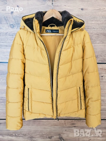 Ново дамско яке ZARA зимно горчица размер XS качулка подплата вата сако палто жълто златисто