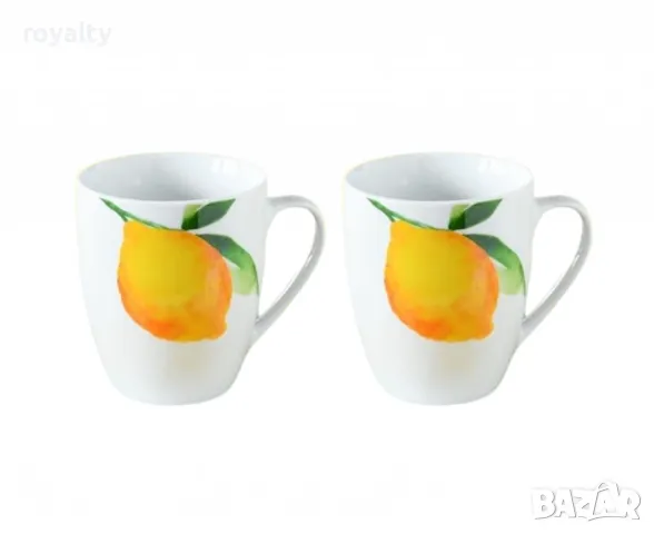 Комплект от 2 порцеланови чаши - Изчистено бяло или лимон върху бяло, снимка 2 - Чаши - 49066188