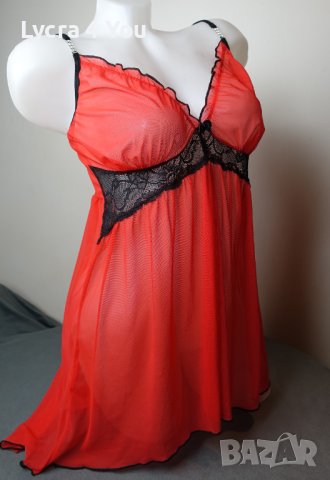 M/L страхотна ефирна червена тюлена нощничка с черна дантела, снимка 1