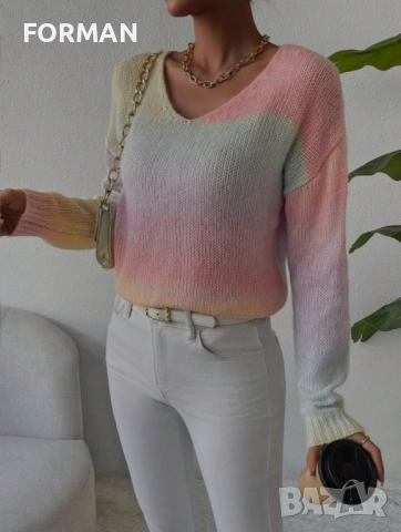 СТРАХОТНА блуза плетиво в преливащи нежни цветове и остро деколте, снимка 3 - Блузи с дълъг ръкав и пуловери - 53002029