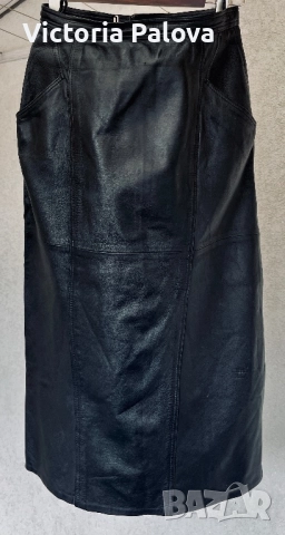 VINTAGE черна кожена миди пола, уникален дизайн, снимка 3 - Поли - 52086295