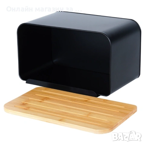 Кутия за хляб, изработена от метал, бамбукова дъска, модерен дизайн, 35x22x20,5см, черна 259613, снимка 8 - Кутии за храна - 53231133
