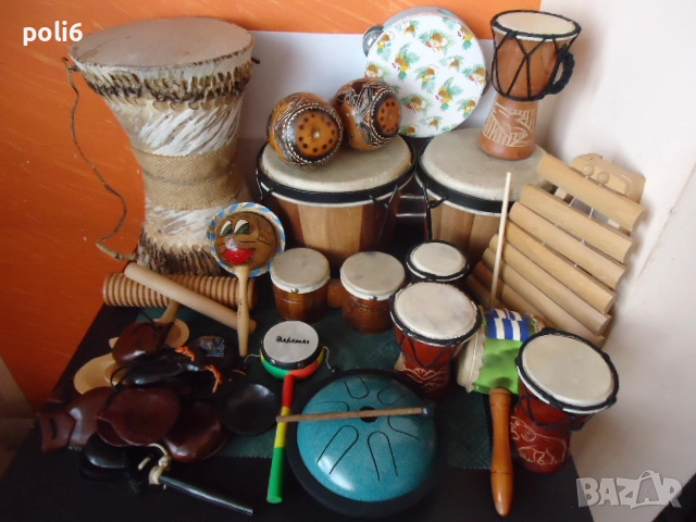 тарамбука, маракас , кастанети, там-там барабанче с топче,барабан-език ,ксилофон,гуиро