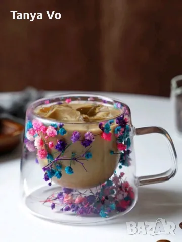 Стъклена Термо Чаша с Двойно Дъно и Естествени Сухи Цветя , снимка 2 - Чаши - 48322486