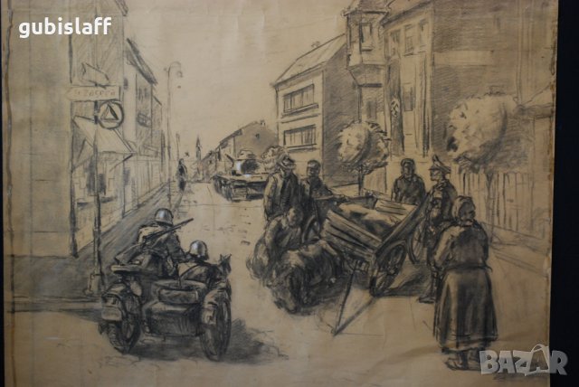 Стара картина, град, военни, танк, мотоциклет с кош, 1950-те, снимка 3 - Картини - 31367528